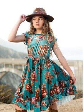 Joyfolie Girls Amoura Dress Aegean Ikat Teal Floral Velvet High-Low Size 8 NWT